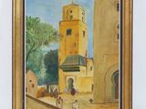 an oil painting of a building with a clock tower in the middle of it