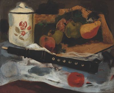 une peinture représentant une corbeille de fruits et une bouteille posées sur une table