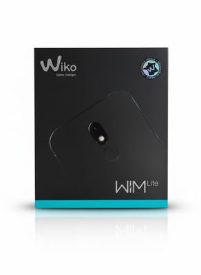 a black box with a white and blue logo on it