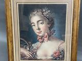 tableau représentant une femme en robe rose tenant un livre
