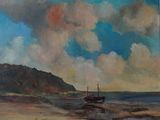 une peinture à l'huile représentant un bateau sur une plage près de l'océan