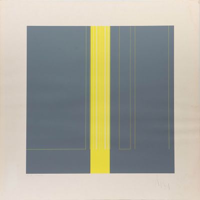 une image représentant un tableau bleu et jaune accroché à un mur blanc