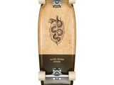 the skateboard is made of wood and has a dragon design on it