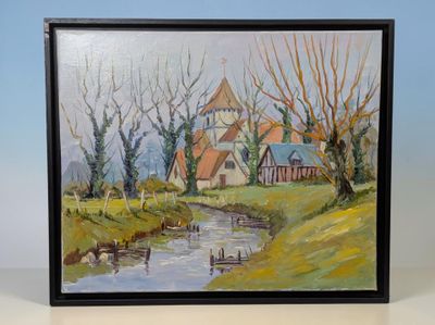 peinture à l'huile encadrée représentant une scène champêtre avec une rivière et une église