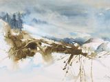 une aquarelle représentant une branche d'arbre dans la neige