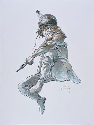 drawing of a woman with a gun in her hand and a hat on her head