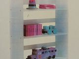 a picture of a book shelf with a toy car on it