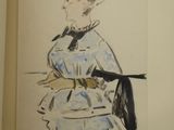 a painting of a woman in a blue dress holding a black umbrella
