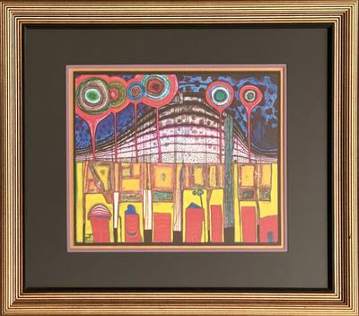 a painting of a picture of a building with a clock on it