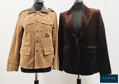 two jackets on a mannequin stand on a white background