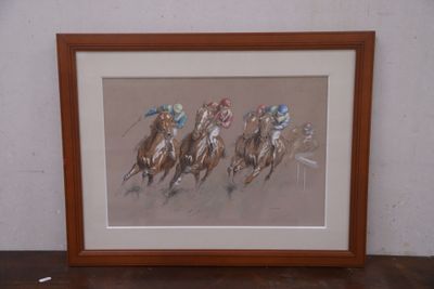 une photo d'un tableau représentant un groupe de jockeys à cheval