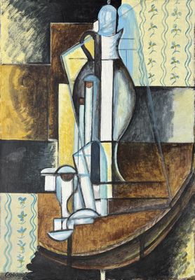 a painting of a vase and a pitcher on a table