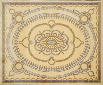 une peinture représentant un médaillon circulaire sur fond beige