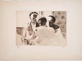 drawing of a man talking on a cell phone with another man sitting at a table