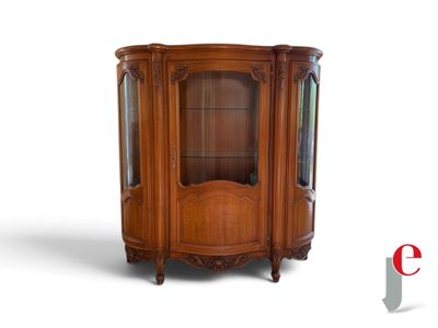 an image of a wooden corner cabinet with glass doors