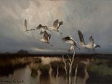tableau représentant une volée d'oiseaux survolant un plan d'eau