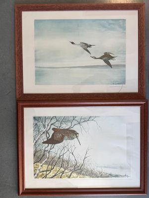 Deux tableaux représentant des oiseaux sont accrochés au mur au-dessus des toilettes.