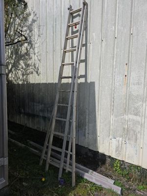 une échelle appuyée contre un mur, à côté d'un immeuble