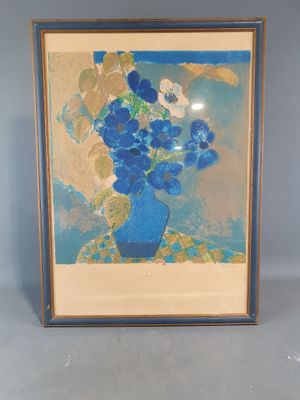 tableau représentant des fleurs bleues dans un vase bleu sur un fond bleu