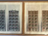 two framed pictures of a building in a wooden frame