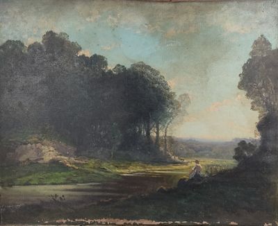 peinture d'un paysage avec des arbres et une rivière au premier plan