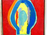 une peinture abstraite représentant le visage d'une femme dans un cadre rouge, bleu et jaune