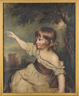 une peinture à l'huile représentant une jeune fille montrant un arbre du doigt