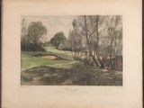 an image of a painting of a golf course with trees in the background