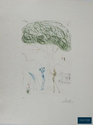 un dessin représentant un homme et une femme debout sous un arbre