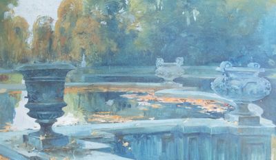 un tableau représentant un étang avec une fontaine au milieu