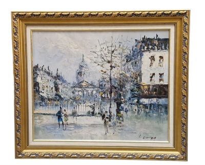 an oil painting of a city street scene with people walking in the rain