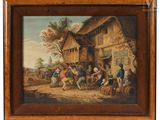 an oil painting of a group of people outside a house