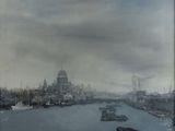 un tableau représentant une vue de ville avec des bateaux sur l'eau