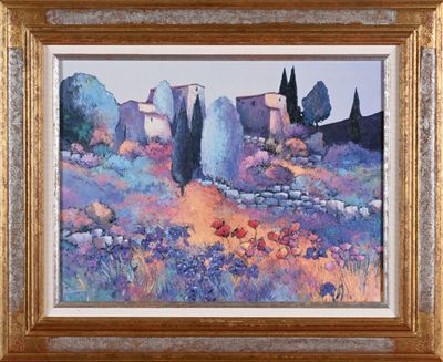 l'image d'un tableau représentant un paysage avec une maison au loin