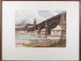 painting of a bridge over a river with a clock tower in the background