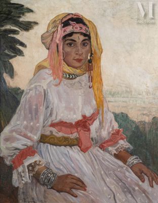 une peinture à l'huile représentant une femme en robe blanche assise sur un rocher