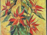 tableau représentant des fleurs rouges dans un vase sur fond jaune