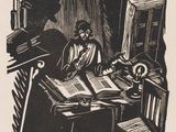 drawing of a man sitting at a desk with a book and a clock