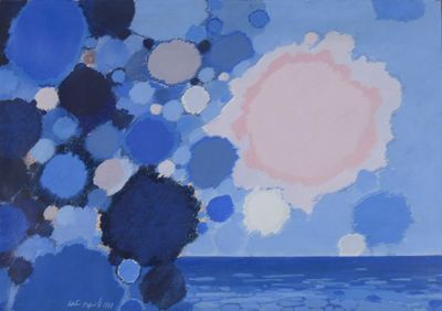 an image of a painting of a sun over a body of water