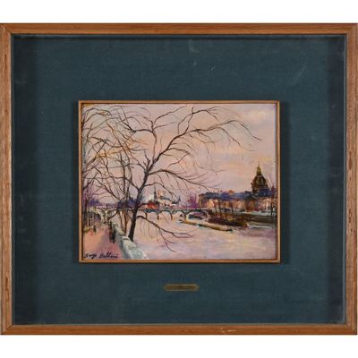 an oil painting of a winter scene with a tree in the foreground and a church in the background