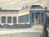 a drawing of a house with a man and a woman standing in front of it