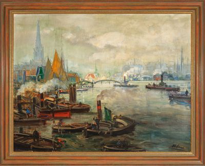 an oil painting of a river scene with boats in the foreground