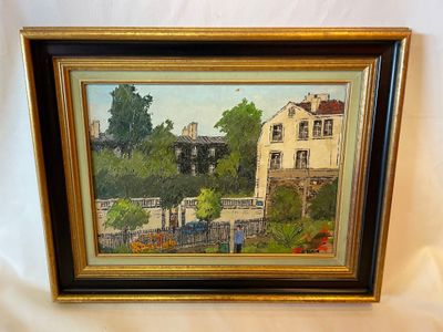 tableau à l'huile encadré représentant une maison dans un jardin, avec un pont en arrière-plan