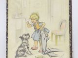 painting of a little girl and a dog in a room