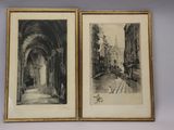 two black and white drawings of a street and a building