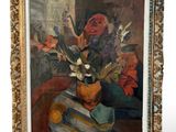 peinture d'un vase de fleurs dans un cadre doré sur fond blanc
