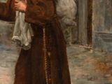 painting of a man in a monk ' s robes holding a bag of flowers