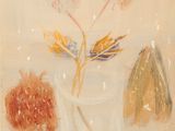 painting of a vase with flowers and fruit in it on a table