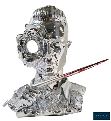 a silver sculpture of a man with a knife in his hand