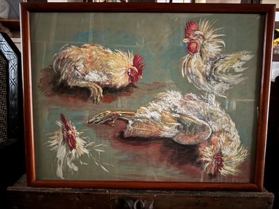 une photo d'un tableau représentant des coqs posés sur une table